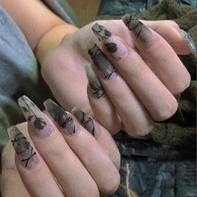 Load image into Gallery viewer, SKHEK 24Pcs Black Color Press On Fake Nails  Elegant  Glitter Fake Gemstone False Nails Short Round Head Acrylic With Glue For Girls