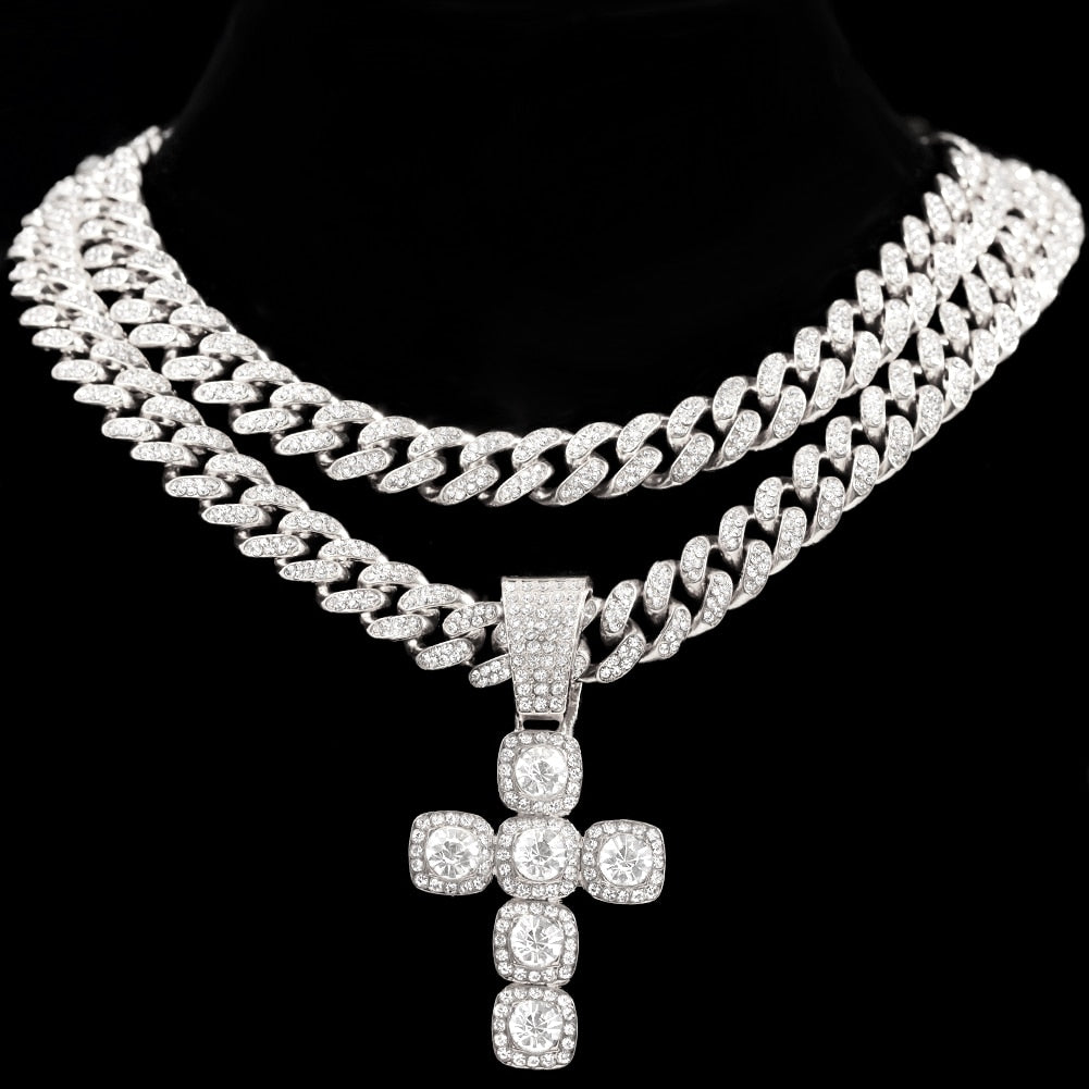 Skhek Iced Out Crystal Cross Miami Cuban Link Chain Necklace For Women Men Luxury Square Rhinestone Cross Choker Necklace Punk Jewelry