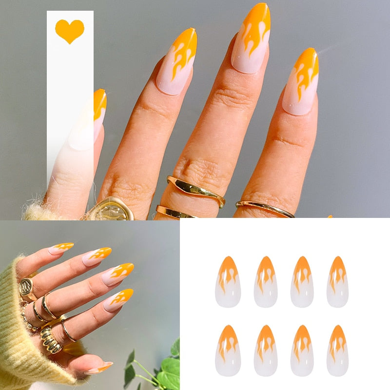 SKHEK 24Pcs 4 Fire Patterns Design Cool Girls Hand Decorative False Nails With Glue Full Cover Detachable False Nails With Designs