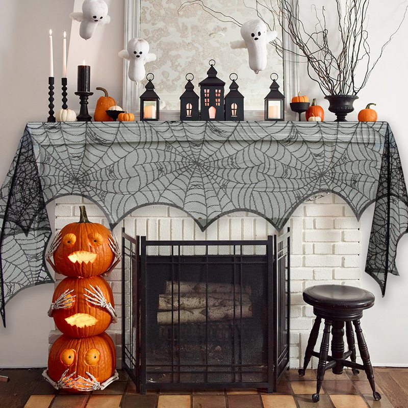 SKHEK Halloween Decorations For Home Lace Spider Web Tablecloths Skull Scarves Curtains Horror House Halloween Party Decor Supplies