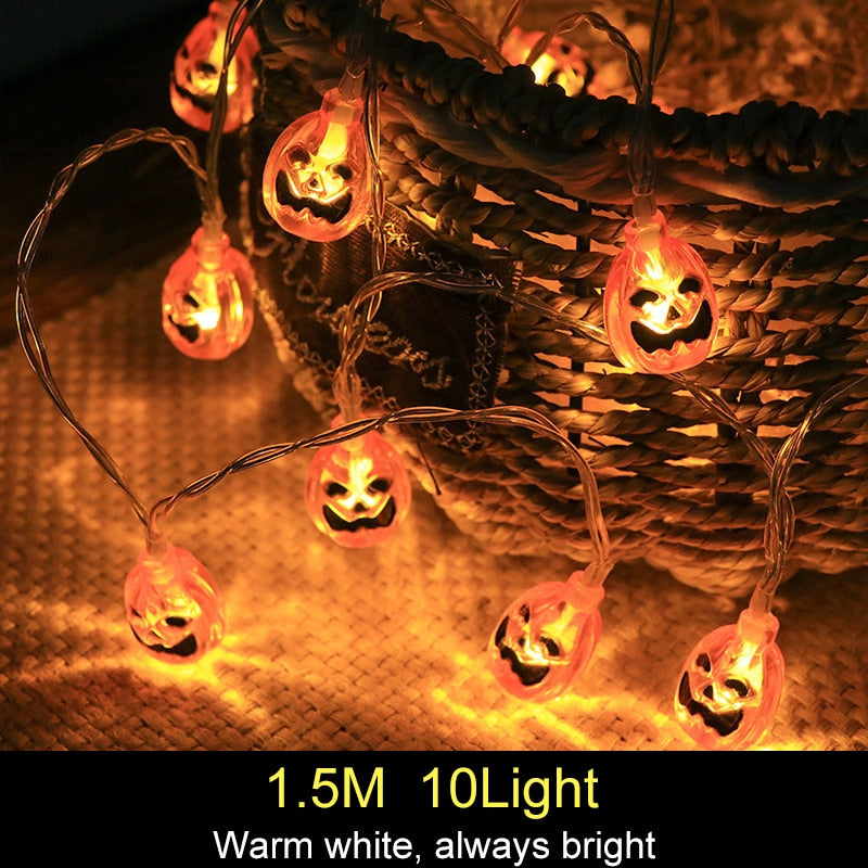 SKHEK 1.5M 10Led Halloween Pumpkin Ghost Skeletons Bat Spider Led Light String Festival Home Bar Party Decor Halloween Ornament