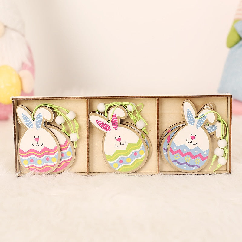 9pcs/set Easter Rabbit Wooden Pendants Hanging Painting Bunny Wood Crafts DIY Decor Easter Decorations for Home Kids Gift 2022