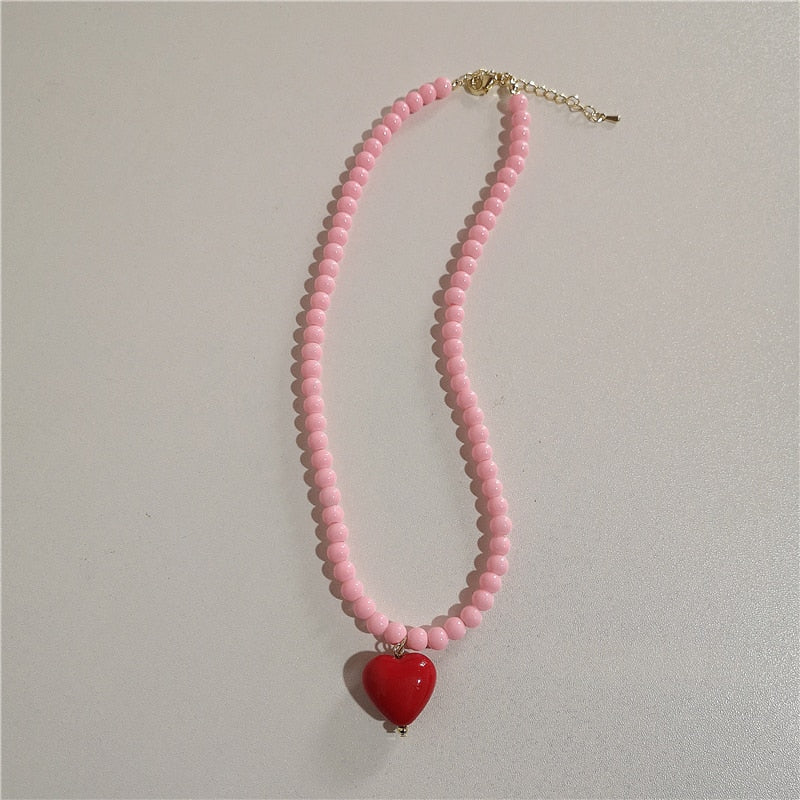 SKHEK 2022 Cute Goth Y2K Transparency Heart Flower Bear Pendant Neon Resin Pearl Beaded Choker Necklace For Women 90S Vintage Jewelry