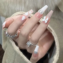 Load image into Gallery viewer, SKHEK Halloween White Flame Love Heart With Diamond Shining Pearl Cute Cat False Nails  Wearable Fake Nails Set Press On Nails 24Pcs