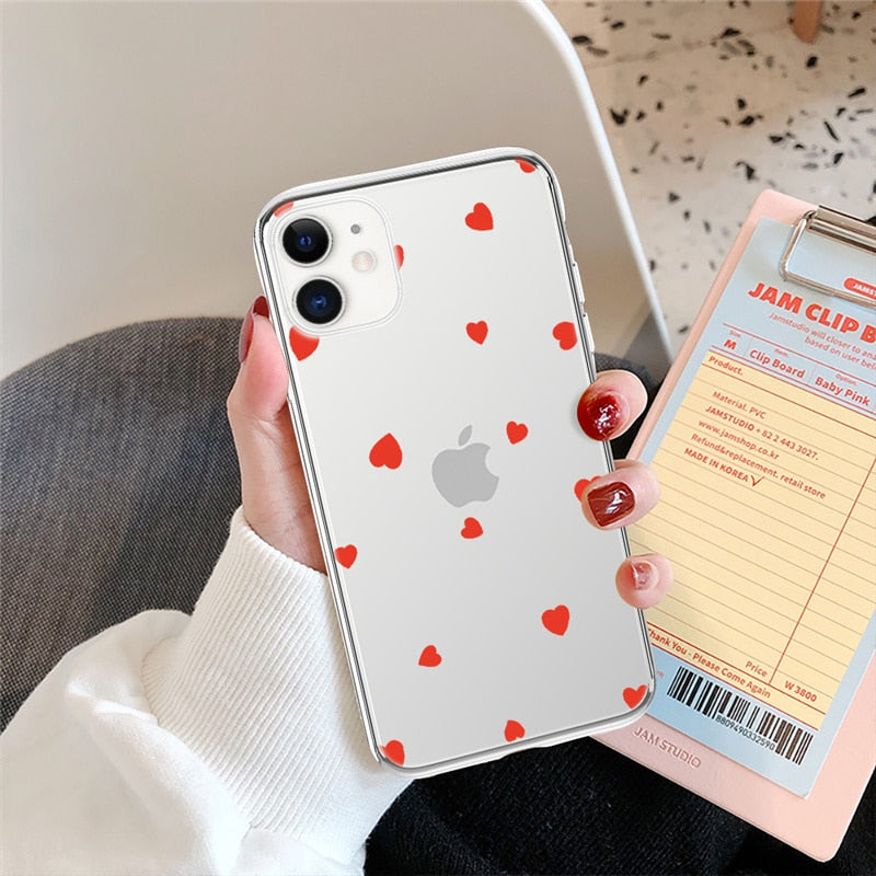 Skhek Back to School Phone Case For Iphone 13 12 11 6 6S 7 8 Plus X XR 11Pro XS Max Transparent Cute Cartoon Love Heart Soft TPU For Iphone 12 Cover