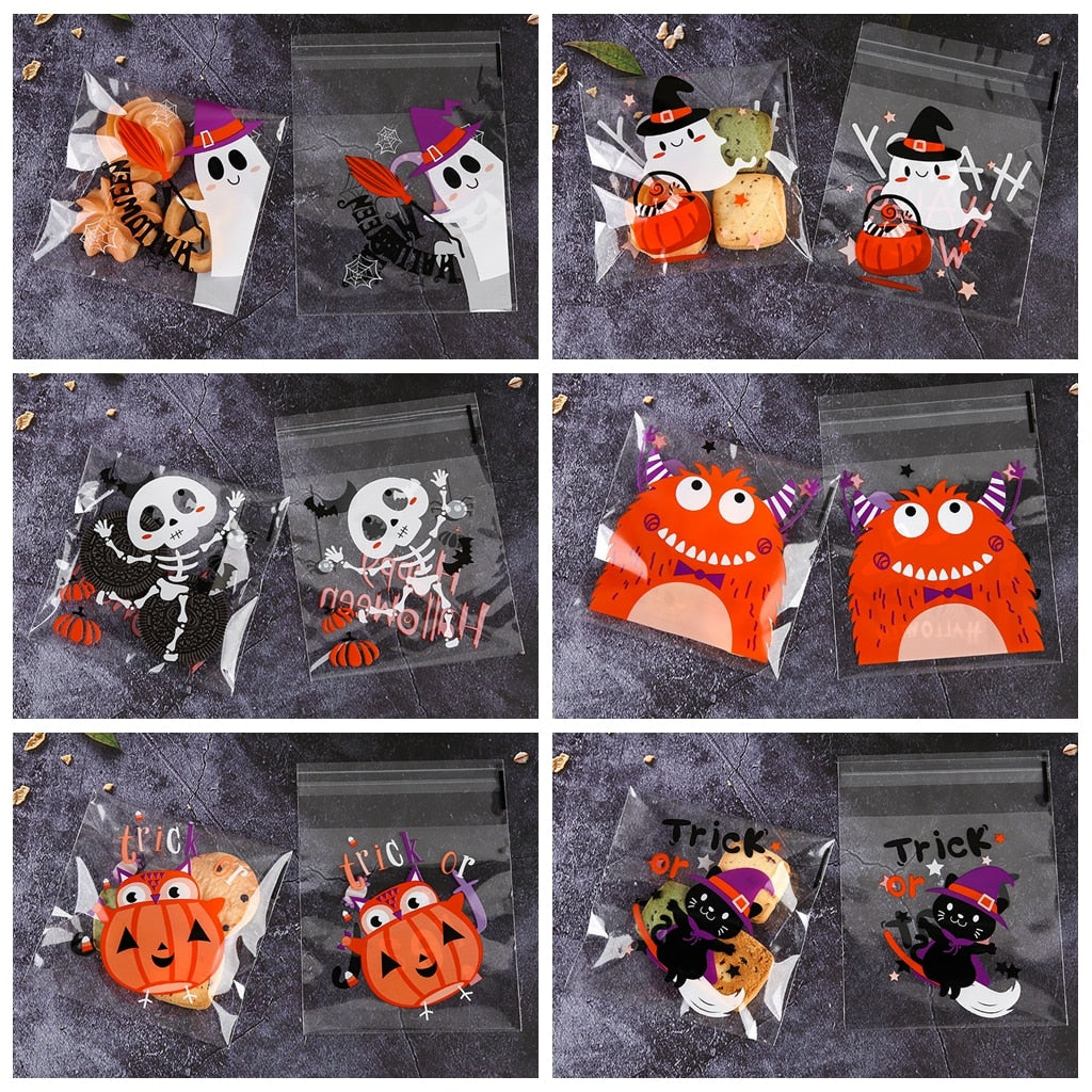 SKHEK 30Pcs Halloween Ghost Candy Bag Pumpkin Skull Biscuit Nougat Snow Puff Bag Happy Halloween Party Decor Trick Or Treat Gift Bag