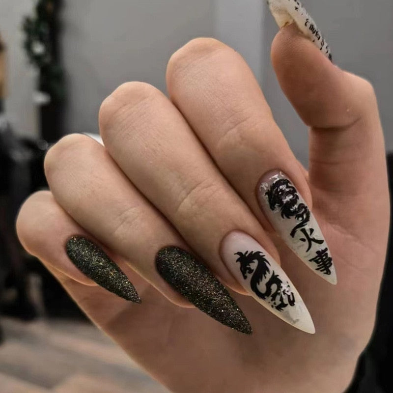 SKHEK Halloween Long Ballet Black And White Graffiti Series Star Moon Scepter Snake Pattern Fake Nails Set Press On Nails DIY Manicure Tools