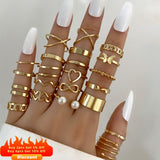 Skhek Boho Gold Color 22Pcs Heart Rings Set For Women Vintage Geometric Cross Pearl Butterfly Finger Ring Women's 2023 Trendy Jewelry