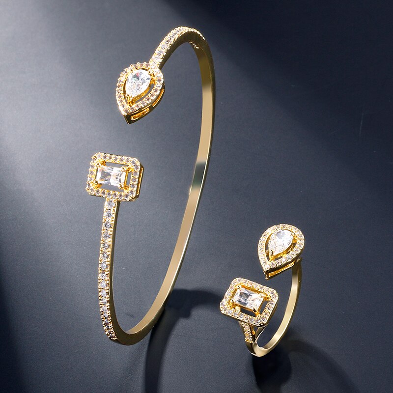 Skhek Luxury Geometric Square Earrings Necklace Rings Bracelets Shiny Cubic Zirconia Crystal Fashion Jewelry Set For Women Party Gift