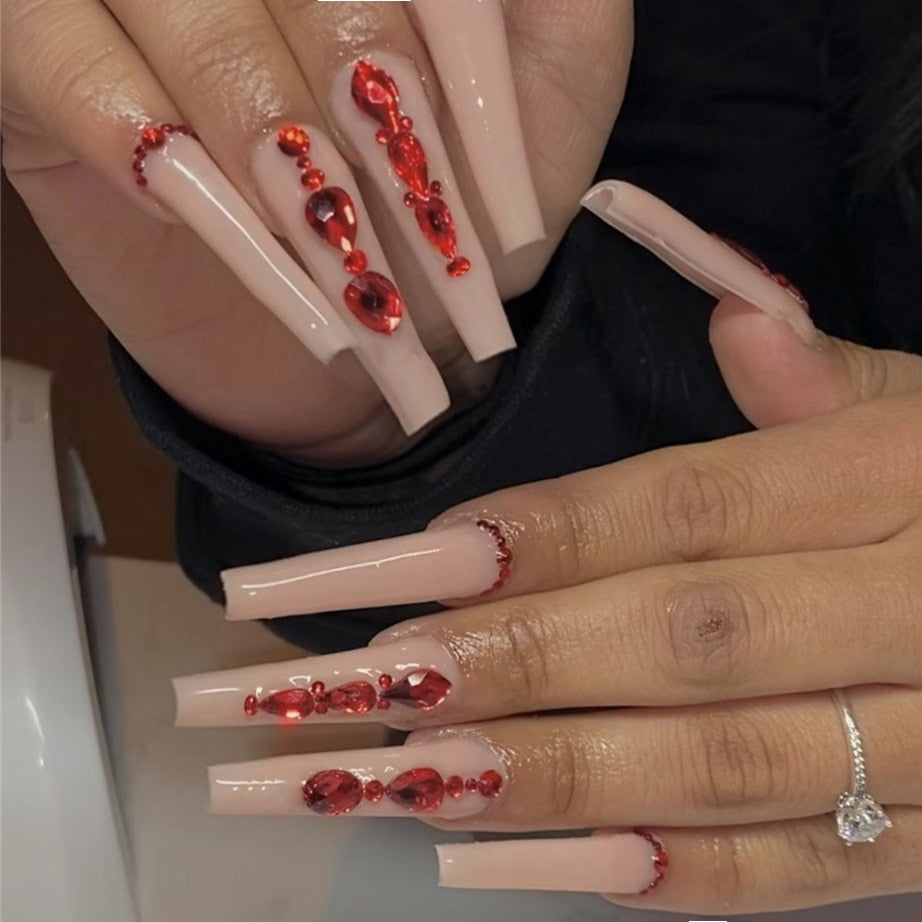 SKHEK Halloween Pink Halo Tower Drill European And American Long T Fake Nails Set Press On Nails With Press Glue Full Cover Acrylic Nail Tips