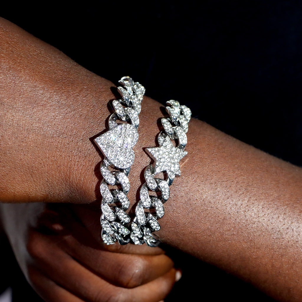 Skhek Hip Hop Iced Out Heart Rhinestones Cuban Chain Bracelet For Women Bling Crystal Link Chain Bracelets On Hand Fashion Jewelry