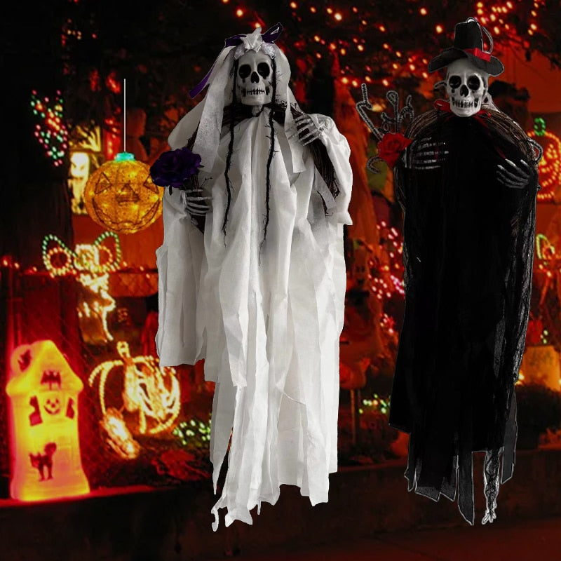 SKHEK Halloween Black And White Hanging Skull Hanging Ghost Death Ghost Door Horror Props Halloween Outdoor Garden Decoration