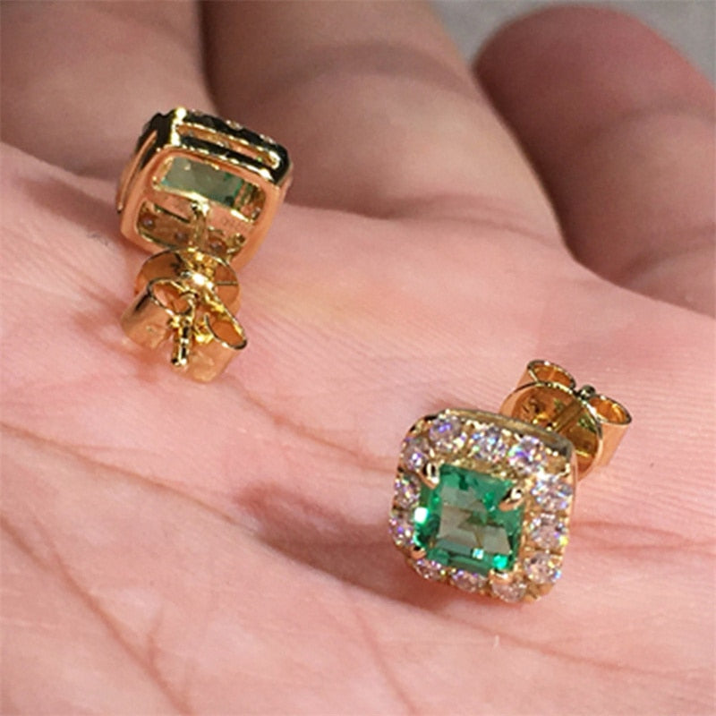Skhek Classic Green Cubic Zirconia Stud Earrings Square Crystal Girl Ear Studs For Women  Wedding Party Earring Fashion Jewelry Gifts