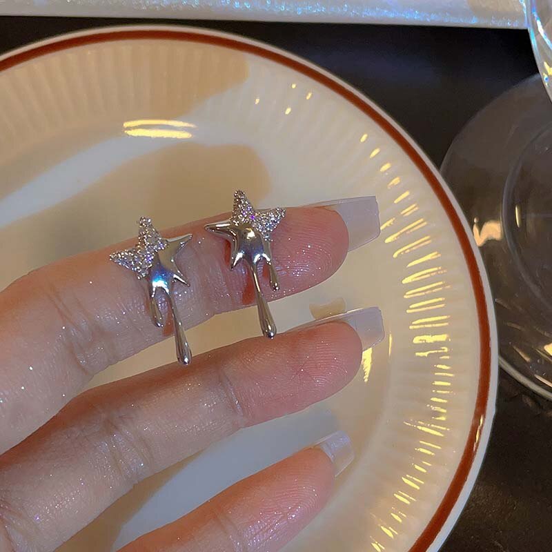 Skhek    New Trendy Silver Color Zircon Star Stud Earrings for Women Girl Shiny Crystal Four-Pointed Star Earrings Wedding Jewelry Party