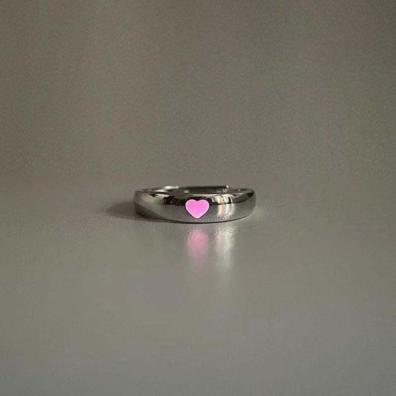 Skhek  Fashion Blue Pink Love Heart Luminous Couple Ring for Women Men Vintage Glow In Dark Opening Adjustable Rings Jewelry Gifts
