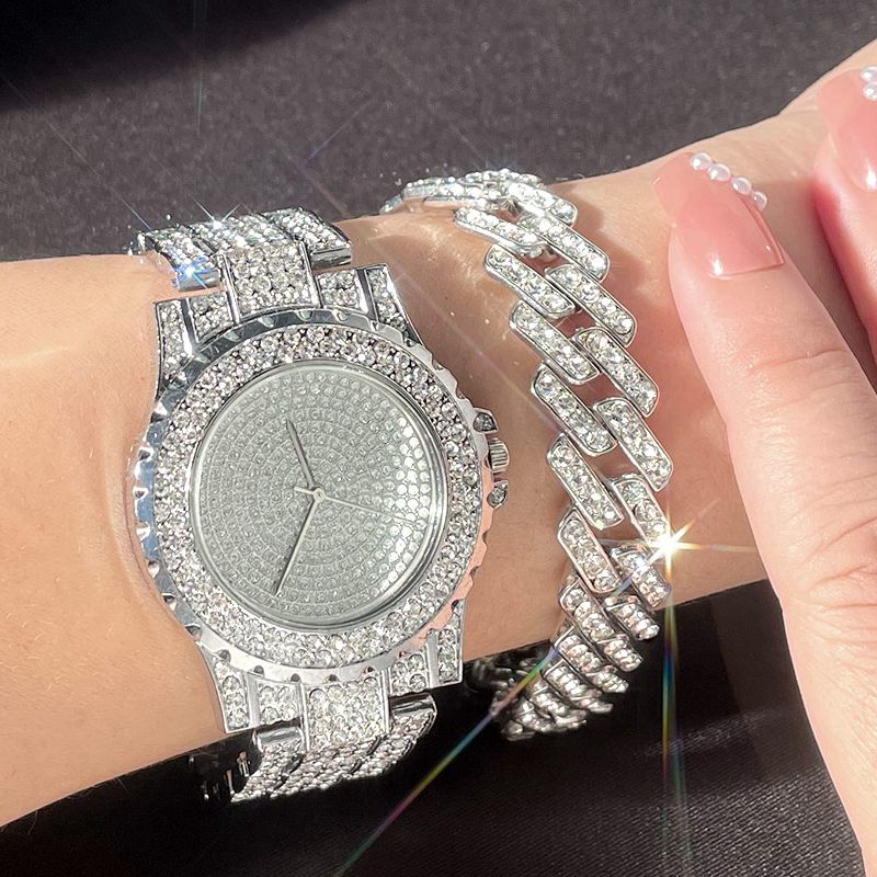 Skhek Women Luxury Iced Out Watches Bracelet Set Gold Silver Color Full Rhinestone Cuban Chain Bracelet Wristwatch Relogio Feminino