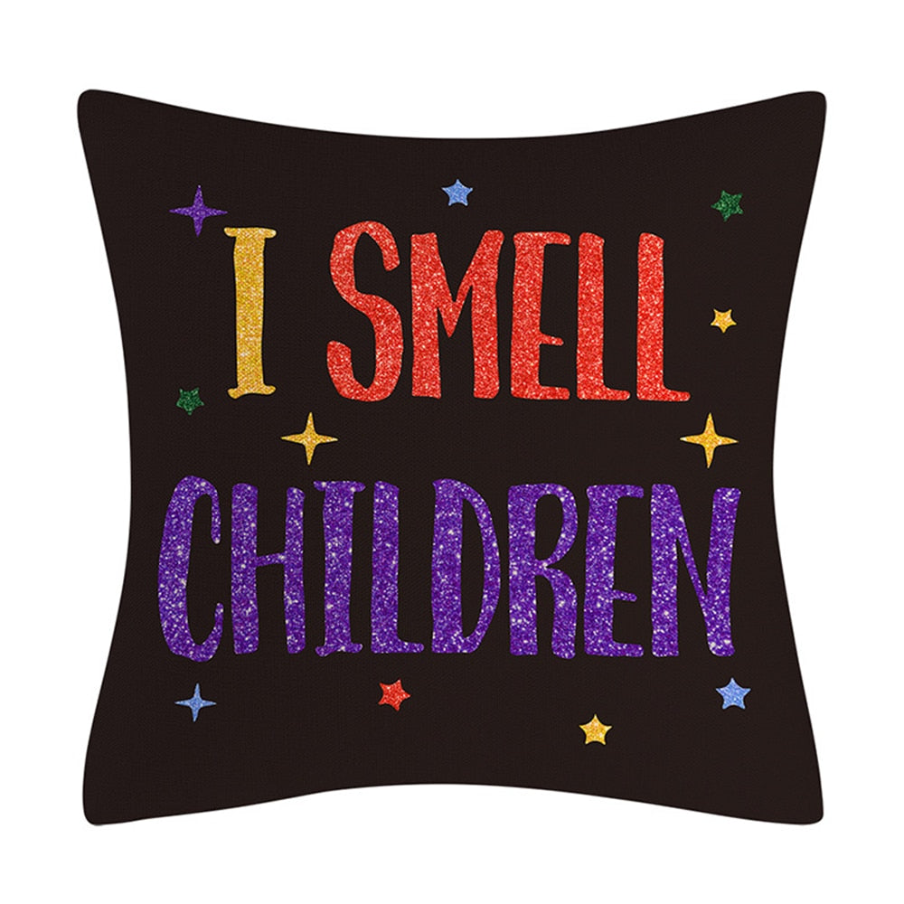 SKHEK Neon Rainbow Color Funny Letter "I Smell Children" Halloween Cushion Cover Party Decor Pumpkin Bat Wizard Ghost Pillowcase