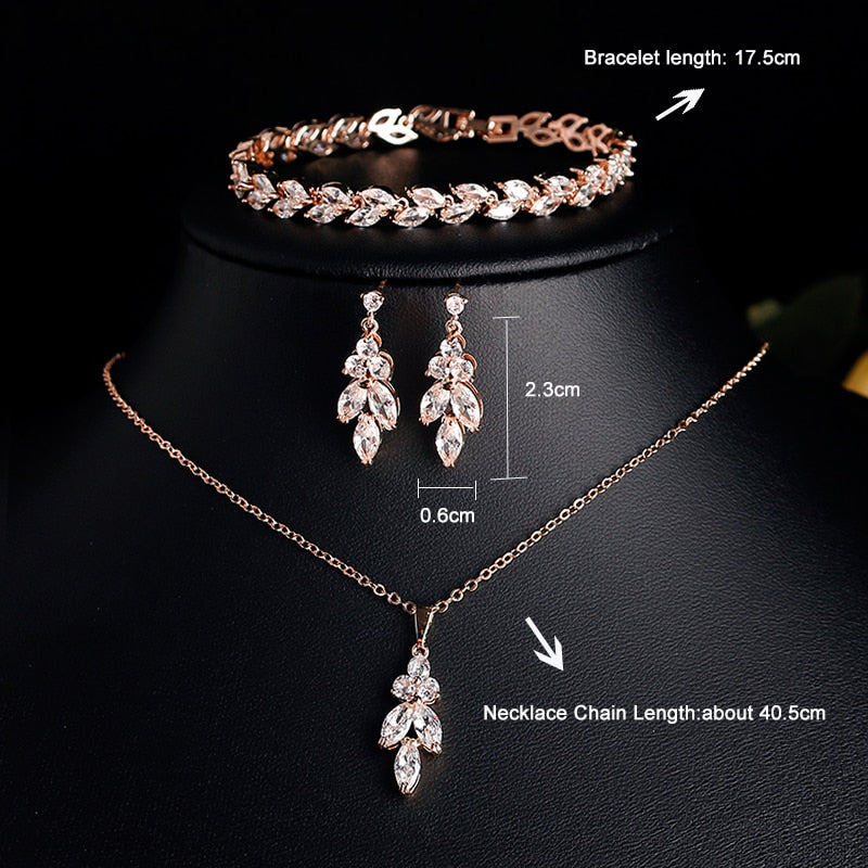 Skhek Luxury Brilliant Cubic Zirconia Leaf Necklace Earring Ring Bracelets Set For Women CZ Light Drop Bridal Wedding Jewelry Set Gift