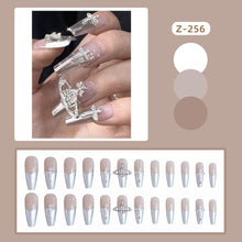 Load image into Gallery viewer, SKHEK Halloween 24Pcs/Box V-Shaped White French Diamond Detachable Gold Leaf Blue Smudge Fake Nails Set Press On With Press Glue Free Shipping