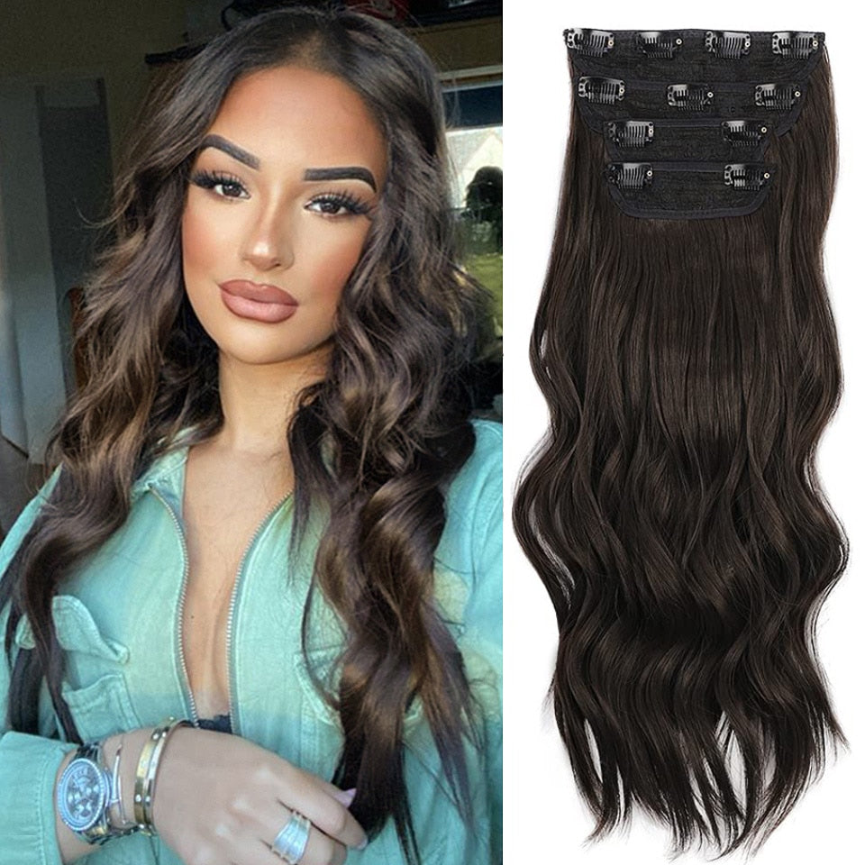 Synthetic 4pcs/Set Long Wavy Hair Extensions Clip In Hair Extensions Ombre Honey Blonde Dark Brown Thick Hairpieces