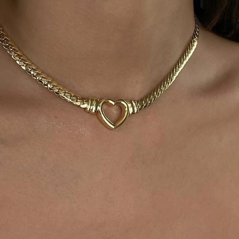 Skhek Heart Pendant Necklace Trendy Stainless Steel Chain Necklace Waterproof Collar Jewelry 18 K Metal Texture Collar Jewelry Gift