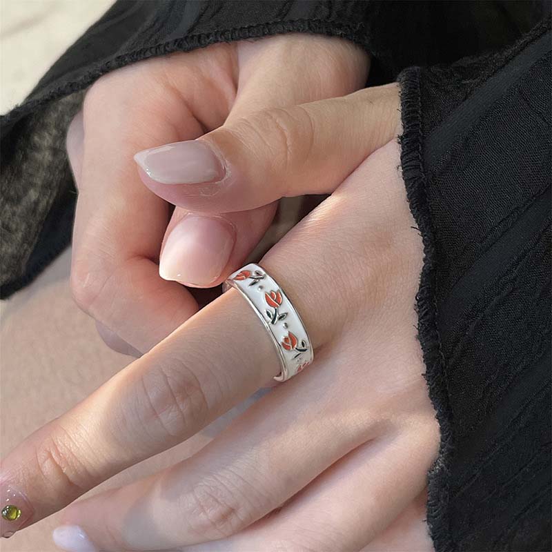 Skhek  fashion inspo   Vintage Enamel Tulip Flower Rings for Women Fashion Simple Sliver Color Adjustable Opening Finger Ring Party Weeding Jewelry