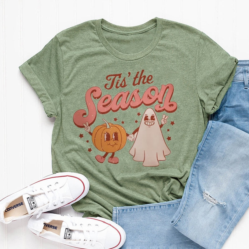 SKHEK Cute Fall Graphic Tee Women's Halloween Cute Ghost Spooky Season Shirt, Trick Or Treat Costume 100% Cotton Unisex