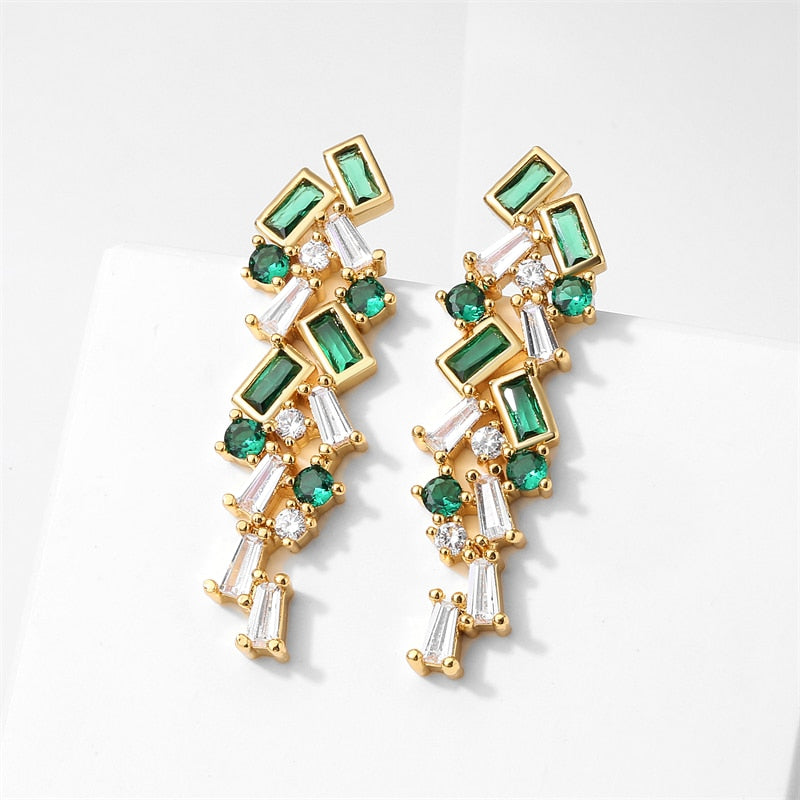 Skhek Green Zircon Series Drop Earrings for Women Girls Leaf CZ Crystal Pendant Wedding Party Earring Fashion Jewelry Wholesale