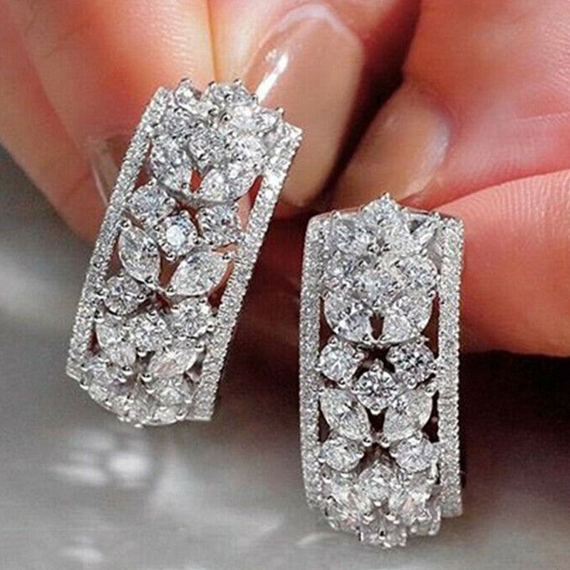 Skhek Luxury Flower Shape Stud Earrings for Women Brilliant AAA Cubic Zirconia Stone Female Wedding Engagement Jewelry