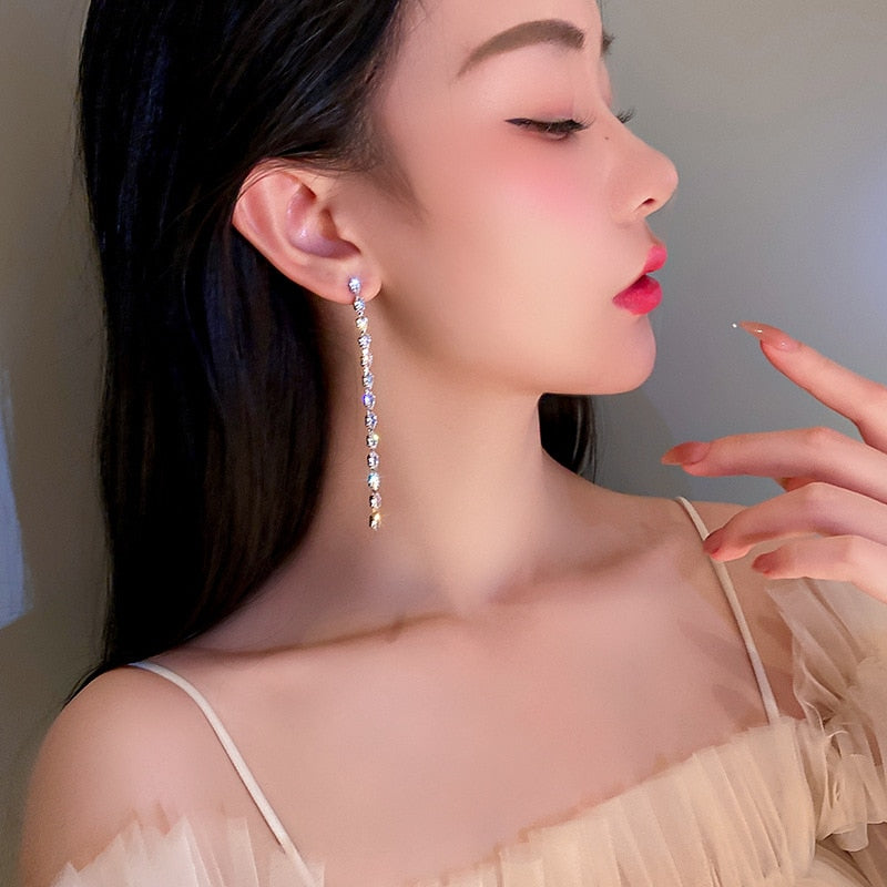 Skhek Simple Temperament Inlaid Zircon Gold Long Tassel Drop Earrings For Woman Korean Fashion Jewelry Party Girls Luxury Earrings