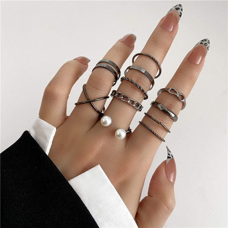 Skhek Punk Snake Black Rings Set For Women Vintage Geometric Metal Cross Rings Set 2023 Fashion Trend Personality Jewelry Gifts