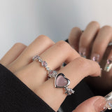 Skhek 2023 Pink Crystal Irregular Heart Rings Vintage Zircon Opal Love Open Ring Y2K Shiny Zircon Rings for Women Party Jewelry Gift