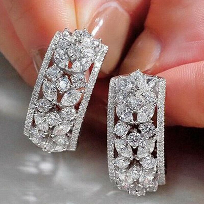 Skhek Luxury Flower Shape Stud Earrings for Women Brilliant AAA Cubic Zirconia Stone Female Wedding Engagement Jewelry