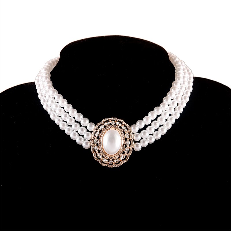 Skhek Luxury Baroque Three Layer Pearl Collar Choker Vintage Big Oval Crystal Clavicle Necklaces for Women Wedding Party Jewelry