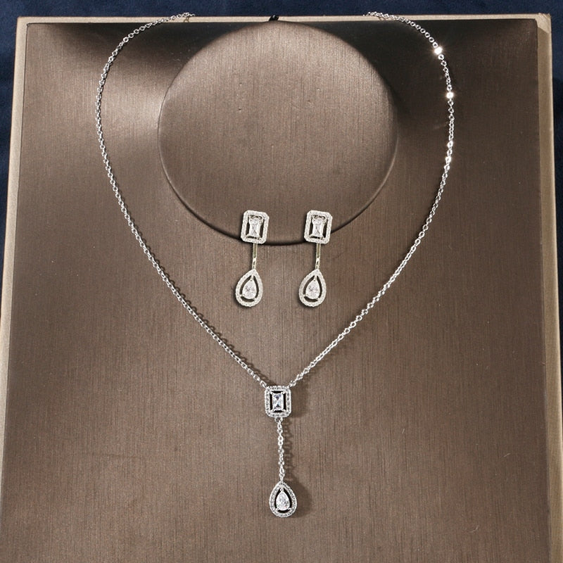 Skhek Luxury Brilliant Cubic Zirconia Leaf Necklace Earring Ring Bracelets Set For Women CZ Light Drop Bridal Wedding Jewelry Set Gift