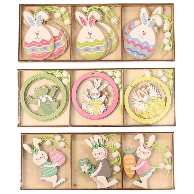 9pcs/set Easter Rabbit Wooden Pendants Hanging Painting Bunny Wood Crafts DIY Decor Easter Decorations for Home Kids Gift 2022