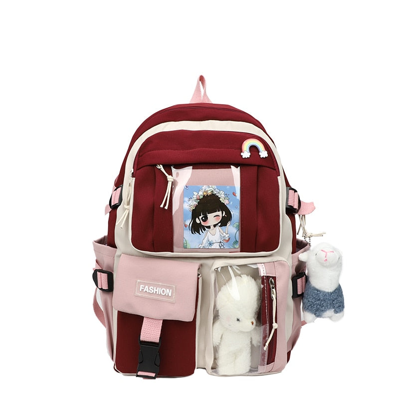 Skhek Back to school supplies 2022 Women's Backpack Candy Color Buckle Badge Fashion Cute Schoolbag Shoulder Student Bag Teenage Girl College School Backpacks