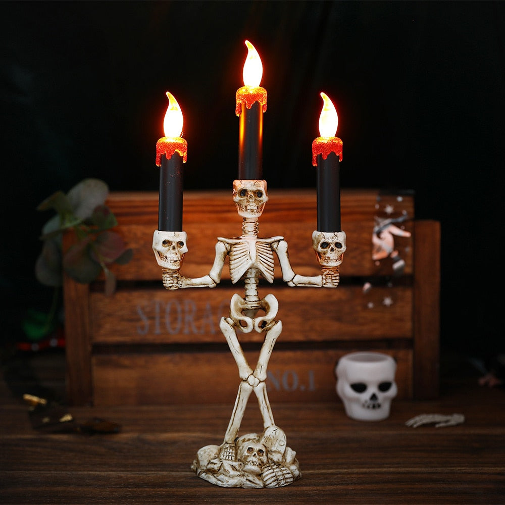 SKHEK Halloween LED Lights Horror Skull Ghost Holding Candle Lamp Happy Holloween Party Decoration For Home Bar Decoration Light