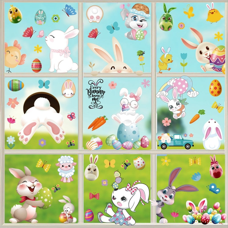 9Sheets Easter Window Stickers Cartoon Rabbit Egg Wall Sticker Fridge DIY Decal Happy Easter Party Decorations for Home 2022