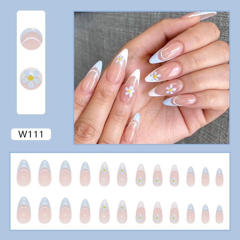 SKHEK Pointed French Almond Nail Blue Floral Summer Wearable Nails Tips Waterproof Fake Nails Set Press On Nails DIY Manicure Tools