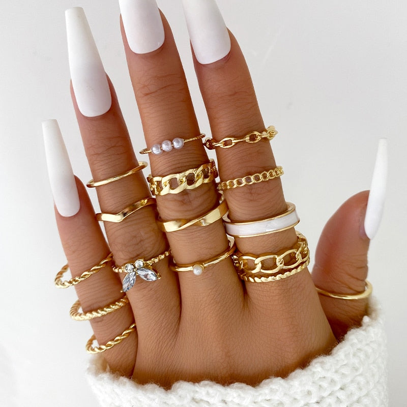 Skhek 23Pcs Set Gold Color Rings Hollow Flower Butterfly Star Ring For Women Boho Vintage Geometric Chain Finger Rings Party Jewelry