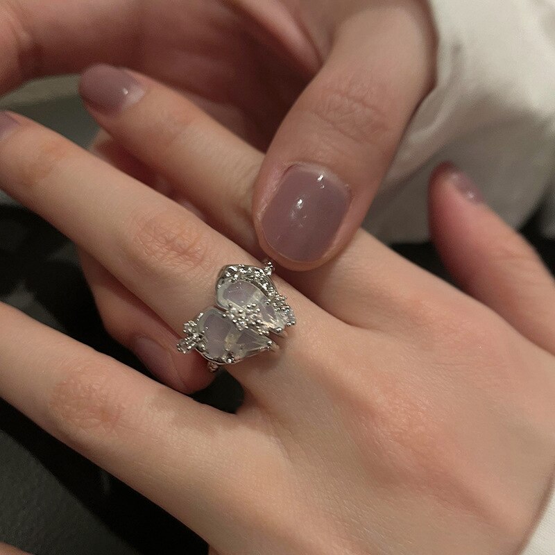 Skhek   Kpop Pink Zircon Heart Open Ring for Women Girls Luxury Blue Opal Heart Couple Finger Rings Wedding Y2K Jewelry