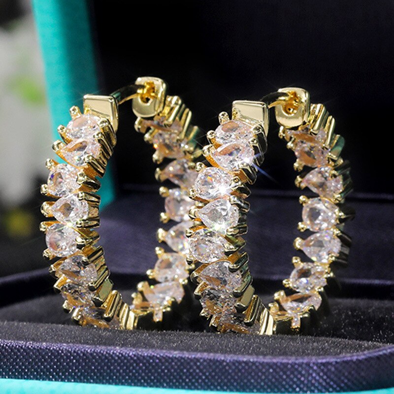 Skhek Gold Plated Full Paved Cubic Zirconia Hoop Earrings for Women High Quality CZ Crystal Party Wedding Jewelry Wholesale