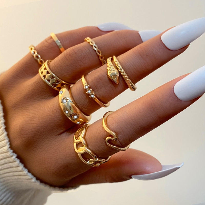 Skhek Bohemia Geometric Silver Color Snake Leaf Rings Set For Women Punk Fashion Letter Heart Finger Rings 25Pcs/Set Party Jewelry