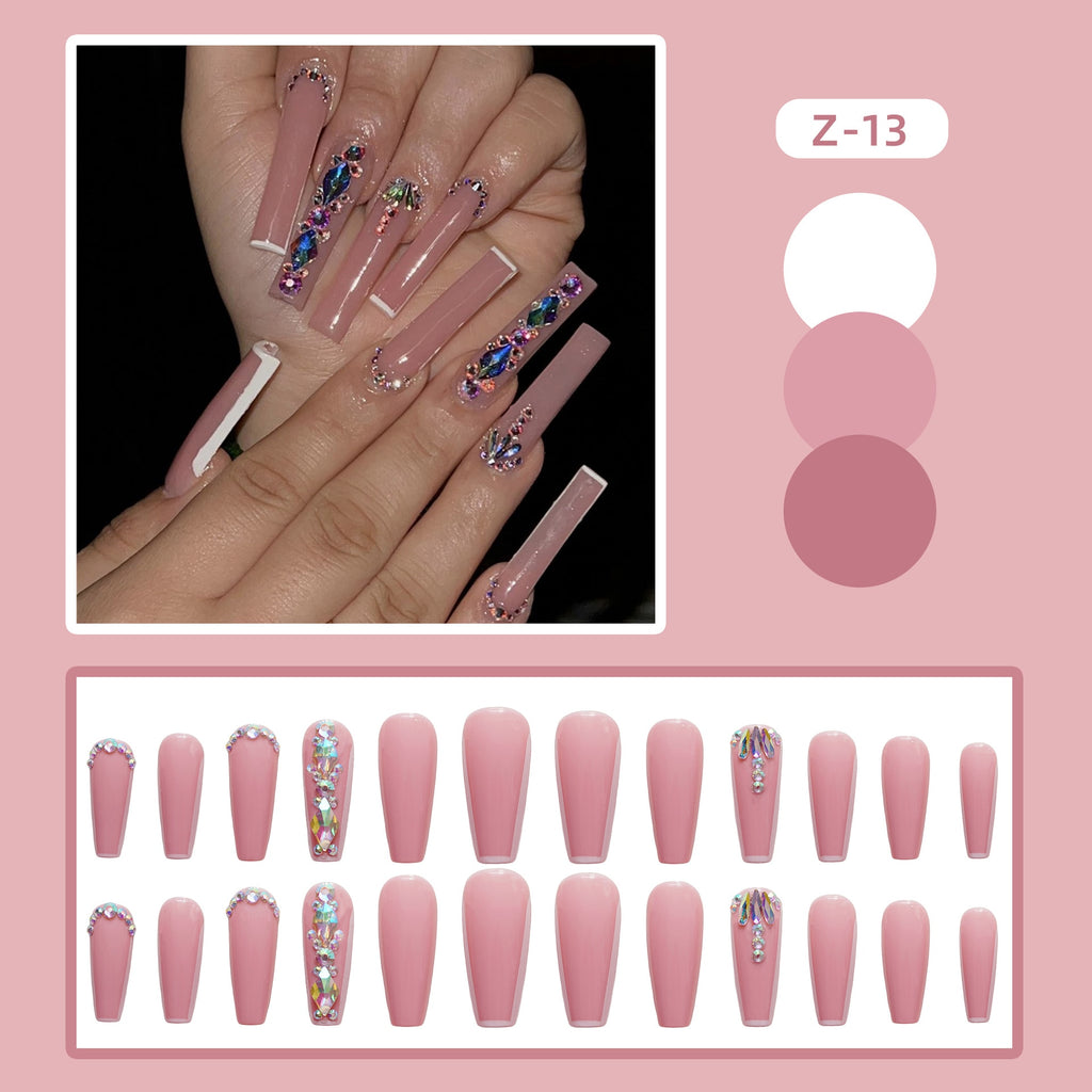 SKHEK Halloween 24Pcs Long Coffin Wearable Fake Nails Pink French Tower Drill Elf Gemstone Full Cover Nail Tips Set Press On Nails