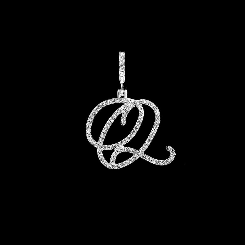 SKHEK Fashion 26 Cursive Initial Letter Zircon Pendant Necklace For Women Shiny Crystal Alphabet Rope Chain Necklace Hip Hop Jewelry