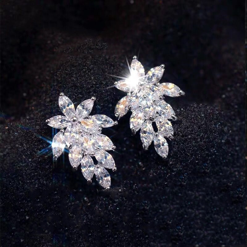 Skhek Shiny Marquise Leaf Cubic Zirconia CZ Crystal Stud Earrings for Women Silver Plated Wedding Engagement Eternal Promise Jewelry