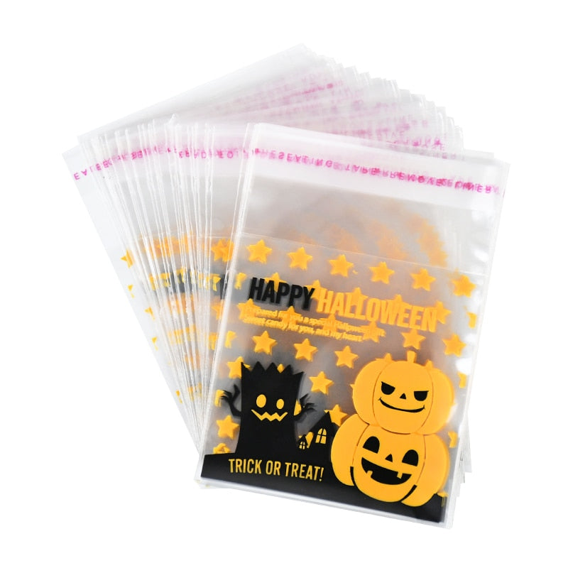 SKHEK 50/100Pcs Halloween Plasti Candy Cookie Bag Trick Or Treat Kids Gift Biscuit Snack Baking Package Bag Happy Halloween Decoration