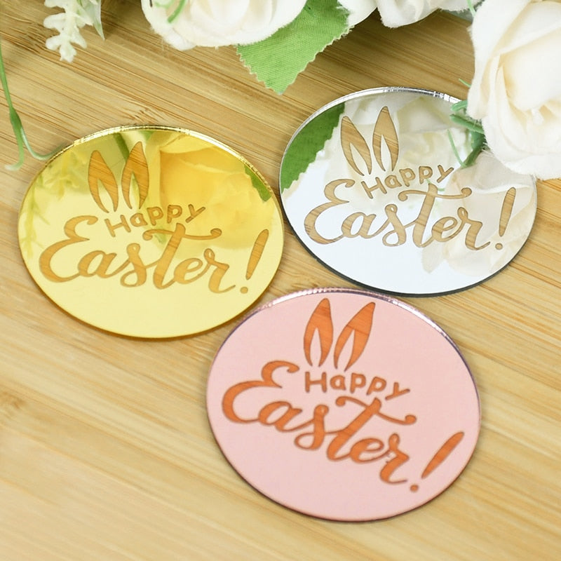 5pcs Happy Easter Cupcake Topper Bunny Ear Acrylic Cake Insert Card for Easter Party Dessert Cake Decoration Tools