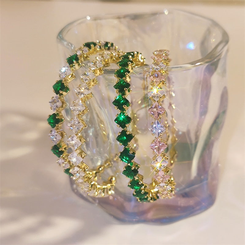 Skhek High Quality Green Shiny Geometric CZ Paved Open Adjusted Bracelet For Women Fashion Lover Women Wedding Cuff Bangle Bracelet